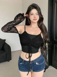 Dazy Designer 女士时尚二合一抽绳上衣 长袖女式上衣 短款女式上衣 - 黑色 - 查看 3