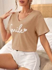 SHEIN Frenchy Cotton Heart & Letter Pattern Drop Shoulder Tee Summer Tops Vacation Clothes