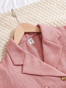 SHEIN 青少女學院風立領雙排扣上衣及褶裙套裝 - 粉色 - 查看 7