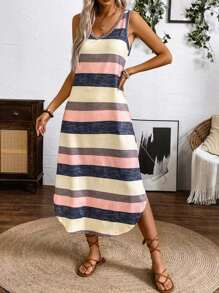SHEIN LUNE Spring/Summer Casual Color-Block Striped Sleeveless Dress With Curved Hem Maxi Women Outfit