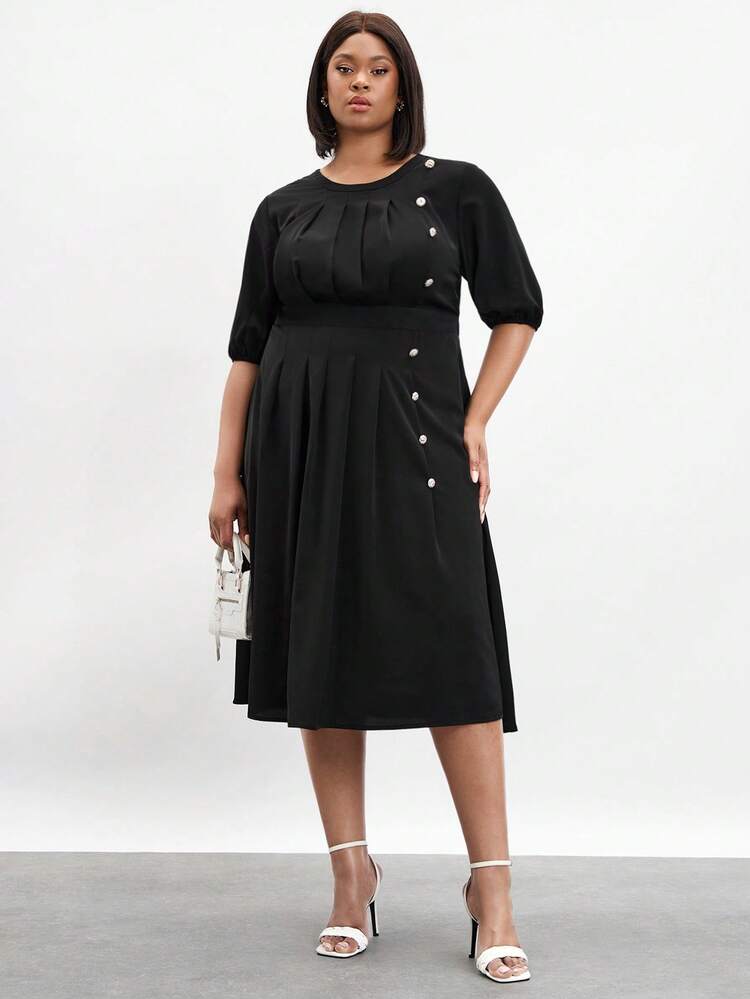 Plus Size Spring Summer Solid Color Elegant Pleated Decorative Button Dress