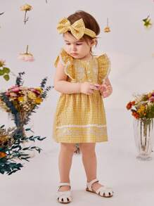 SHEIN Babymeisje Lotusblad Geborduurde bloemen Damboord Korte mouwen Jurken Met Vlinderdas Hoofddoek , Elegant , Comfortabel En Perfect Voor Vakantie In Lente En Zomer