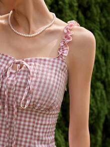 Aveloria Vintage Vacation Elegant Color Block Plaid Ruffle Hem Square Neck Tie Waist Bowknot Mini Dress