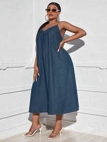 SHEIN SXY 大尺碼純色牛仔背心裙 - 藍色 - 查看 4