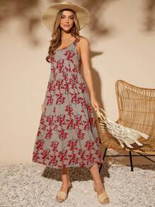 SHEIN Clasi 女性時尚花卉印花無袖細肩帶裙 - 彩色 - 查看 3