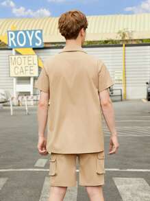 Teen Boy's Letter Patch Short Sleeve Shirt And Shorts Set - Khaki - View 2
