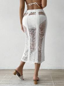 SHEIN Swim Women Summer Hollow Out Drawstring Waist Long Cover Up Skirt - White - View 2