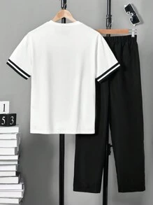 Vacaura Teen Boy Summer Casual Set Short Sleeve Letter Print Tee And Pants With Drawstring Waistband - White - View 4