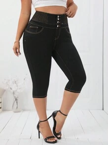 SHEIN Essnce 大码休闲中腰修身七分牛仔裤 - 黑色 - 查看 6
