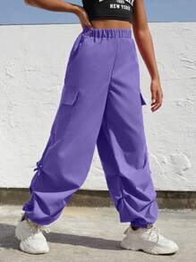 SHEIN Tween Girl Thắt lưng co giãn Quần áo bảo hộ lao động bỏ túi Quần Jogger - Màu tím - Xem 4