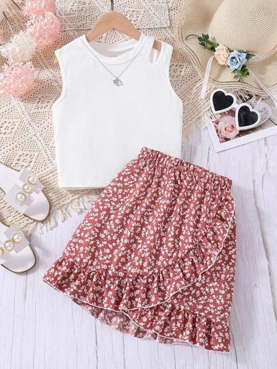 Teen Girl Solid Color Hollow Out Top & Broken Heart Edged Skirt Set For Summer, Holiday, Summer, Travel