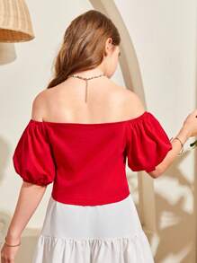 Tween Girl Short Knit Top With Plain And Off-Shoulder Design For Spring/Summer Vacation And Leisure - Red - View 2