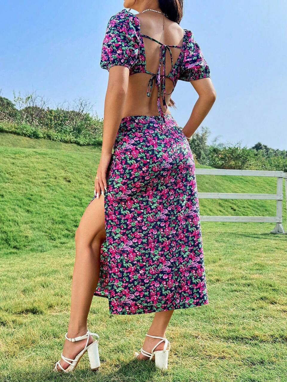 Women's Floral Print Puff Sleeve Top And Split Hem Skirt Two-Piece Set