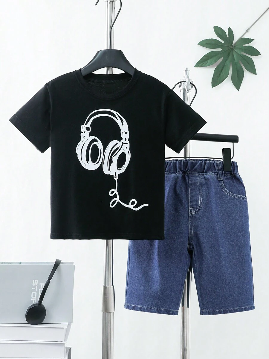青少年男孩夏天耳機印花圓領短袖T恤和短褲休閒兩件套