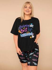 FRIENDS X SHEIN Plus Size 2Pcs Black Slogan Graphic T-Shirt & Tight Pants Set - Black - View 6