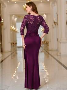 MIUSOL V Neck Contrast Lace Ruffle Satin Evening Party Maxi Formal Dress Elegant Prom Wedding Guest Gown, For Graduation, Dinner - Maroon - View 2