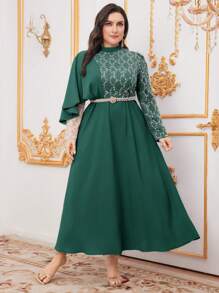 Modelyn Plus Size Embroidered Mesh Contrast Sequin Stand-Up Collar Dress Long Evening Dresses