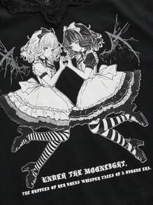 ROMWE Camiseta de encaje para mujer con diseño de chica anime - Negro - Ver 3