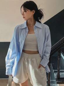 DAZY Women Spring Loose Shoulder Long Sleeve Casual Shirt Solid Color - Blue - View 5