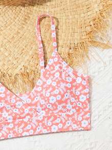 SHEIN Tween Girl 碎花印花分体比基尼套装三件套随机图案夏季海滩 - 橘色 - 查看 4