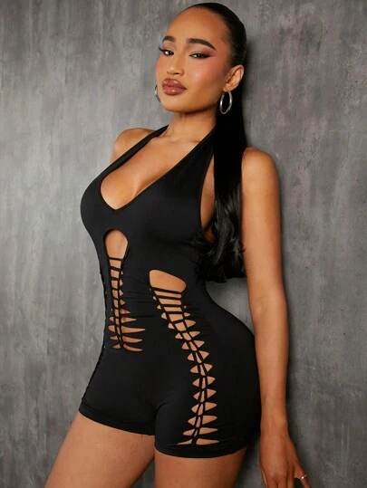 SHEIN SXY 露背口字領緊身連體褲跳躍服