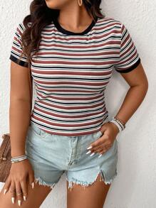 SHEIN Frenchy Plus Size Boho Color-Block Striped Slim-Fit Short Sleeve T-Shirt For Summer - Multicolor - View 7