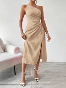 Breezaya Đầm Maxi Một Vai Trơn Màu Khoét Hở Xếp Ly Mùa Xuân/Hè Cho Nữ - Màu Khaki - Xem 5