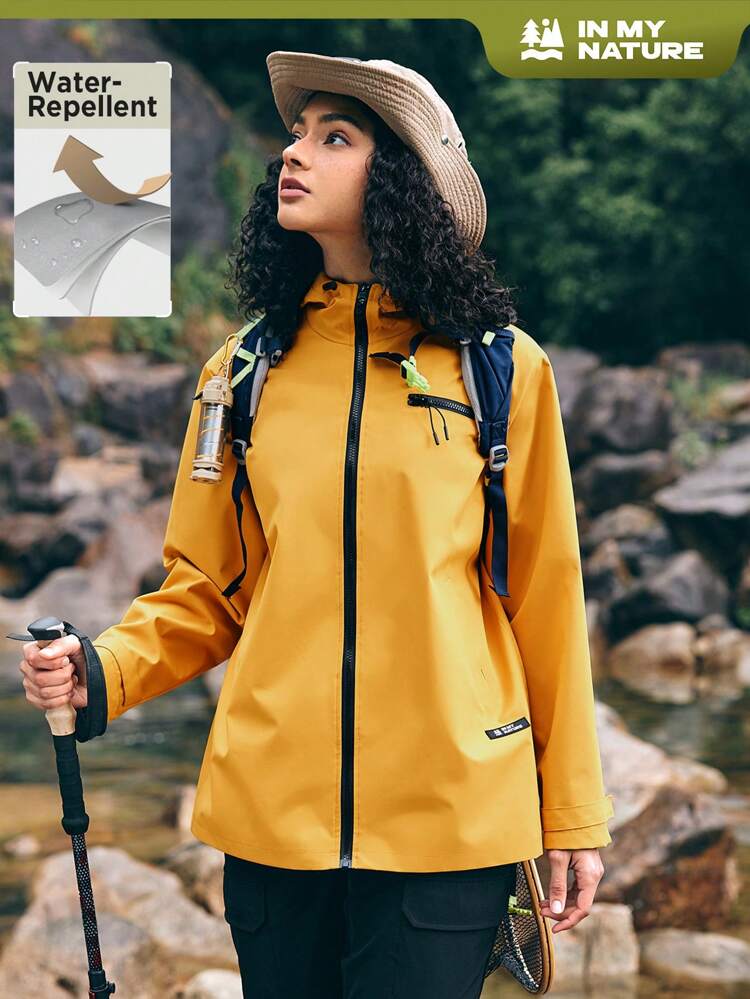 Women's Hooded Outdoor Windbreaker Jacket With Zipper Closure And Letter Applique