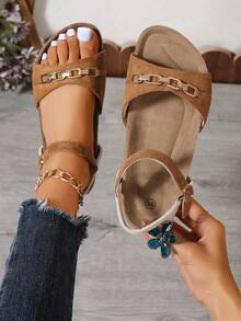 Women Flat Sandals With Chain Detail And Ankle Strap - Camel - View 1