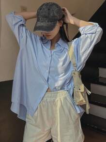 DAZY Women Spring Loose Shoulder Long Sleeve Casual Shirt Solid Color - Blue - View 4