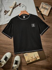 SHEIN 休閒鬆身青少年男童圓領針織T卹，字母印花和貼布裝飾 - 黑色 - 查看 2