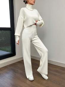 EURMUSE Women's High Neck Dropped Shoulder Sweater And Sweater Pants Two Pieces Set