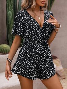 SHEIN LUNE Women's Summer Heart Print Overlap V-Neck Ruffle Short Sleeve Loose Romper