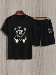 Manfinity Homme Men Casual Daily Wear Spring/Summer Short Sleeve T-Shirt And Shorts Set With Bear Print - Black - View 3