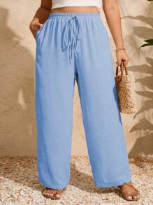 Breezaya Pantalones casuales de tallas grandes de pierna ancha con cintura elástica y unicolor para vacaciones