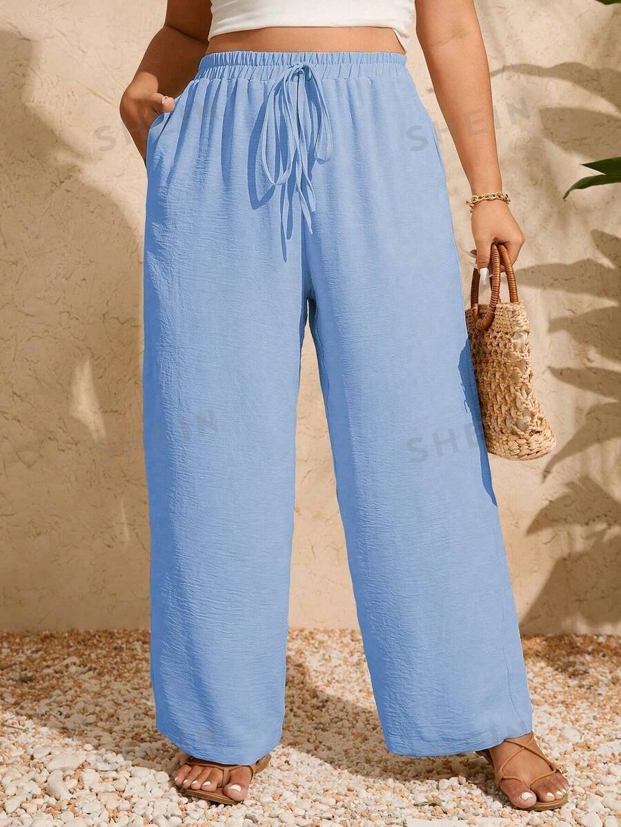 Breezaya Pantalones casuales de tallas grandes de pierna ancha con cintura elástica y unicolor para vacaciones
