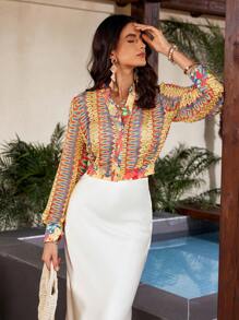 GENKIRA Colorful Ombre Elegant Vacation Sheer Long Sleeve Shirt Fall Cloth For Women - Multicolor - View 4