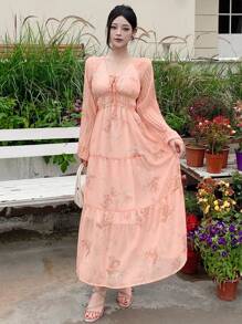 DAZY 女士V领印花灯笼袖连衣裙，荷叶边，秋季长袖连衣裙，复活节 - 珊瑚橙 - 查看 4