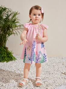 Travachic KIDS Baby Girl Summer Vacation Cartoon Pattern Loose Short-Sleeved Dress Is Suitable For Summer.