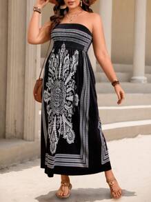 SHEIN Clasi Kích thước lớn Retro In Quây Nếp uốn Thêm dài Kỳ nghỉ Đầm - màu đen - Xem 3
