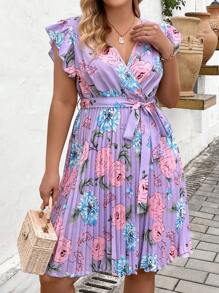 Franclia Plus Size Boho V-Neck Full Print Cross Wrap Belted Pleated Dress, For Summer