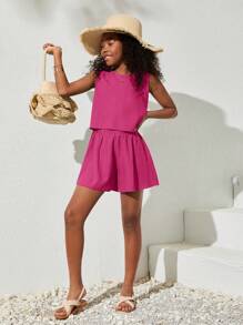 SHEIN Conjunto de top y shorts sin mangas tejidos de color sólido para niña adolescente para uso diario en primavera y verano