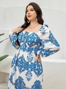 Mulvari 大尺碼女性花卉印花襯衫,懸垂袖散袖洋裝 - 藍白色 - 查看 6