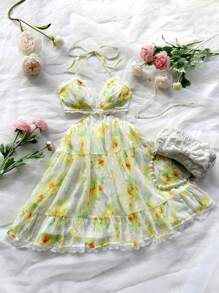 Soleia Romantic Countryside Style Floral Print Splice Lace Hollow Out Waist Halter Neck Tie Sundress, Summer - Multicolor - View 1