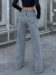 Straight Leg Jeans With Raw Hem - Blue - View 2