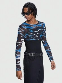 ROMWE MEN 男士長袖波浪印花短袖T-shirt - 彩色 - 查看 5