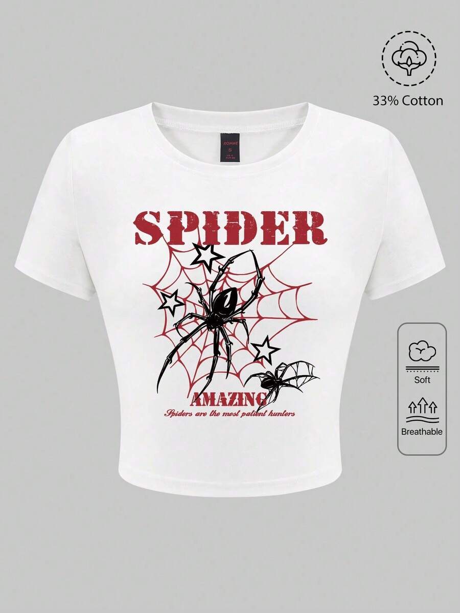 ROMWE Grunge Punk Letter & Spider Element Design Slim Fit Short Sleeve T-Shirt - White - View 1