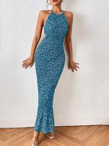 Chiquease Kobiety Wakacje Styl Wzór w kwiaty Długi Szczupły Trykotowa sukienka - Granatowy - Zobacz 1