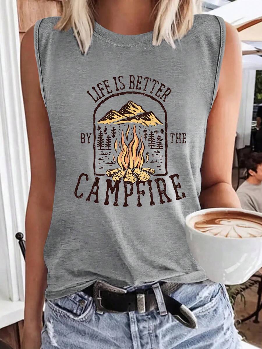 INAWLY Women Letter Print Casual Daily Wear Spring Summer Tank Top - Light Grey - View 1