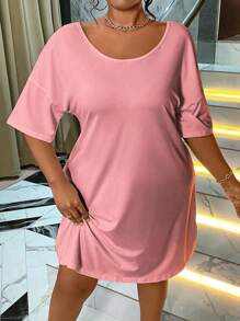 Maweii Plus Size In hình cổ tròn tay ngắn buộc dây phía sau - Hồng - Xem 2